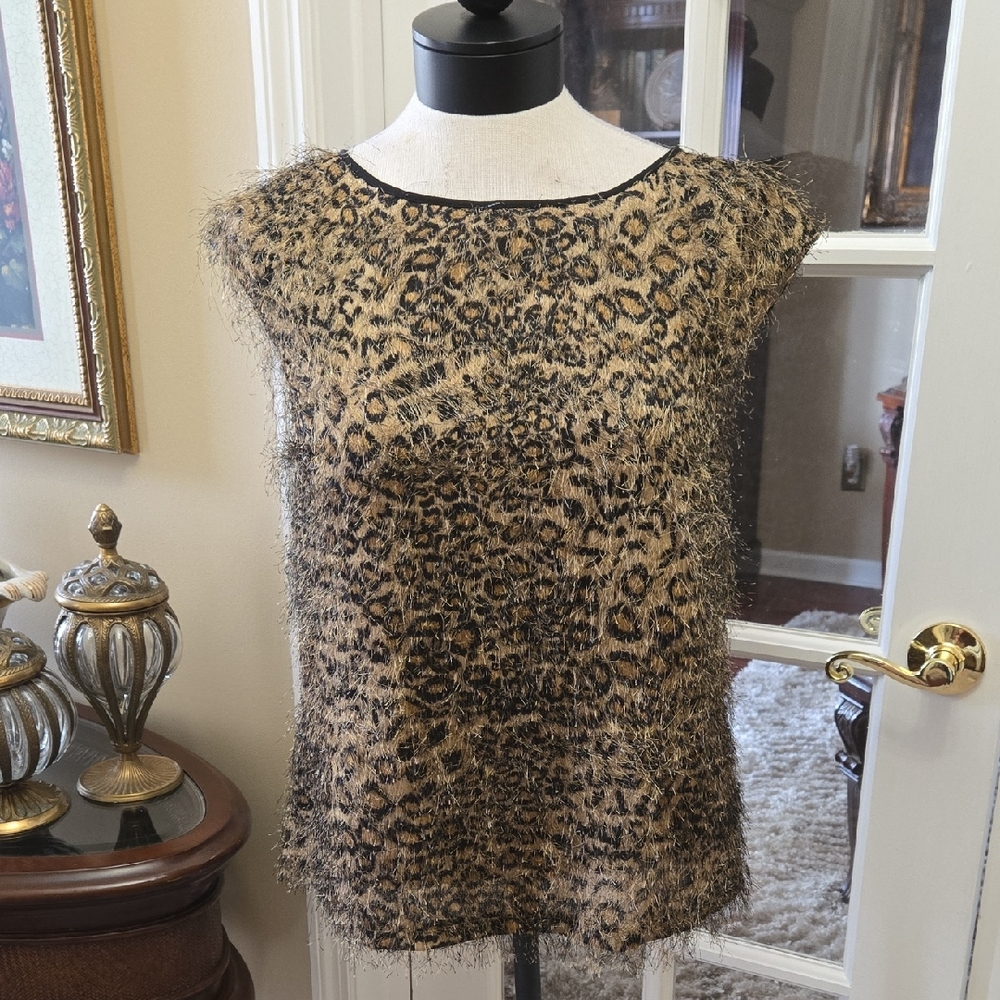 Ann Taylor Leopard Print Fuzzy Top Cap Sleeve Fully Lined Scoop Neck Size 8P NEW